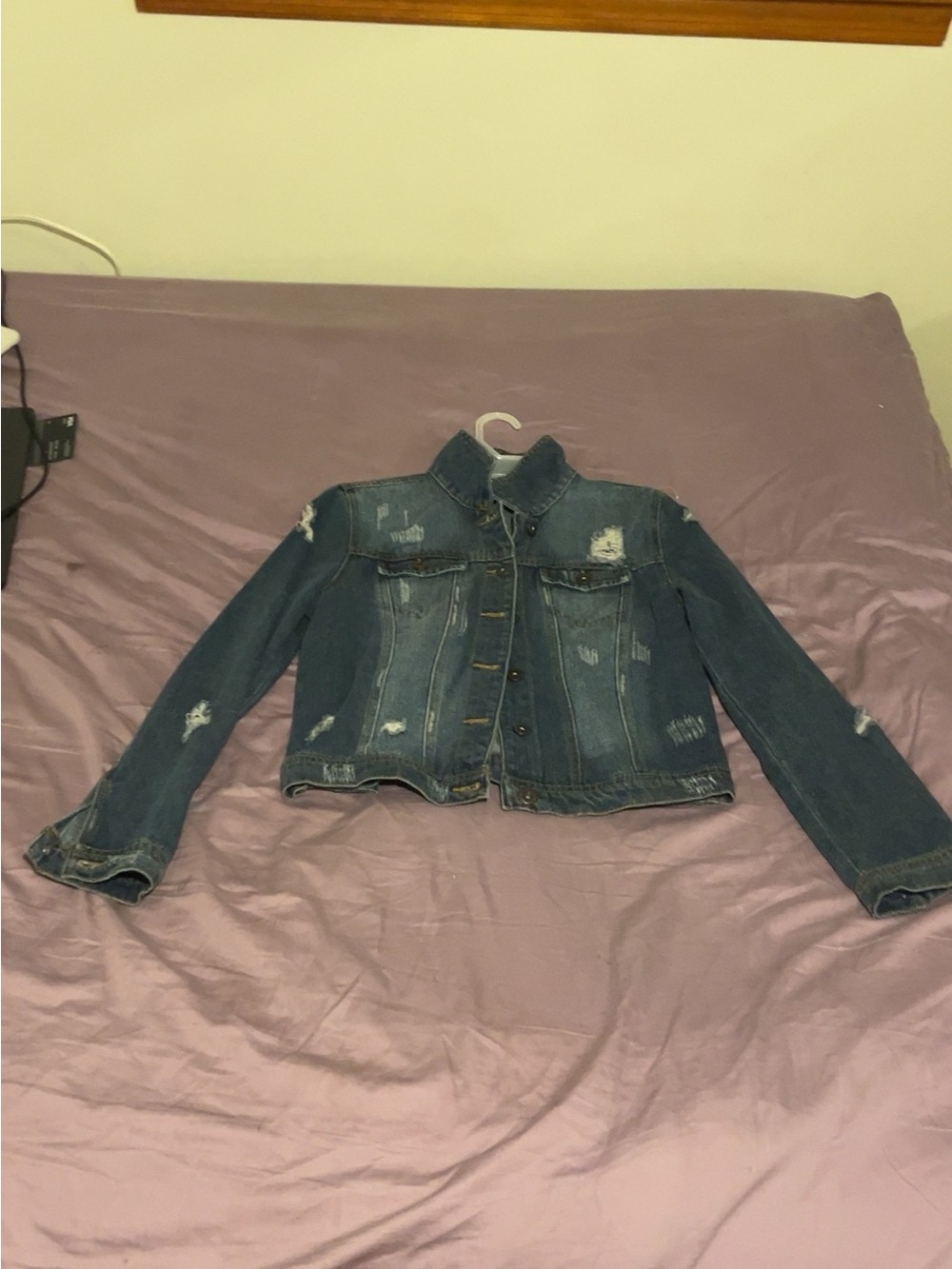 Womens Distressed Denim Jacket in Medium Blue